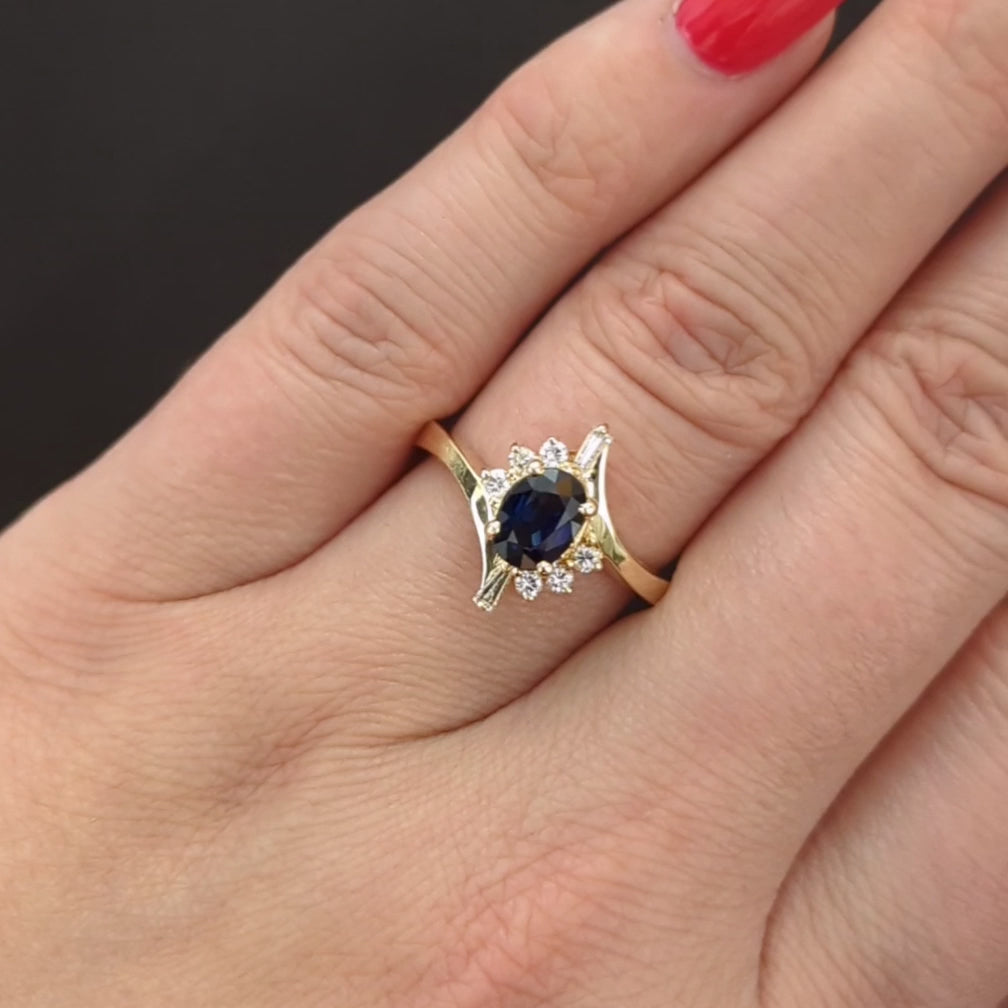 1ct SAPPHIRE DIAMOND BYPASS RING 14k YELLOW GOLD COCKTAIL CLUSTER NATURAL OVAL