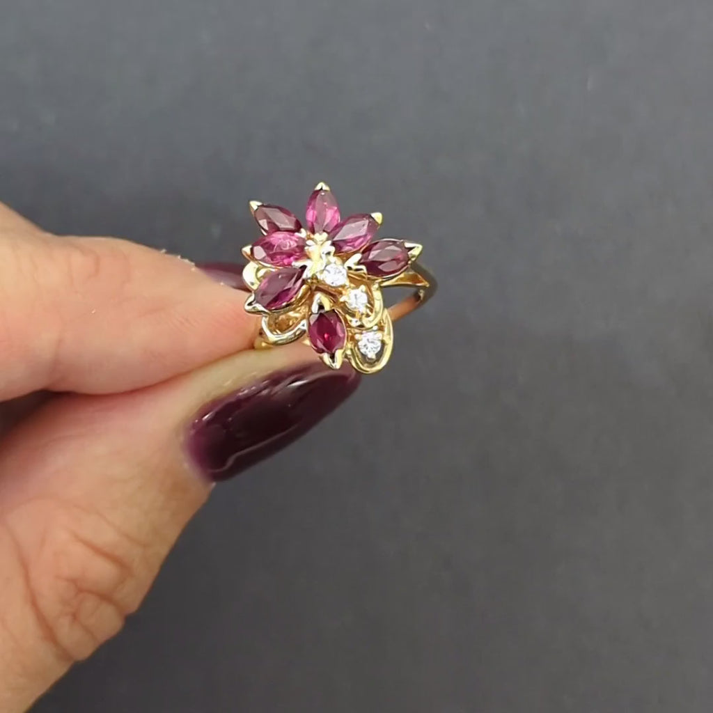 VINTAGE RUBY DIAMOND CLUSTER RING 14k YELLOW GOLD NATURAL ESTATE MARQUISE SHAPE