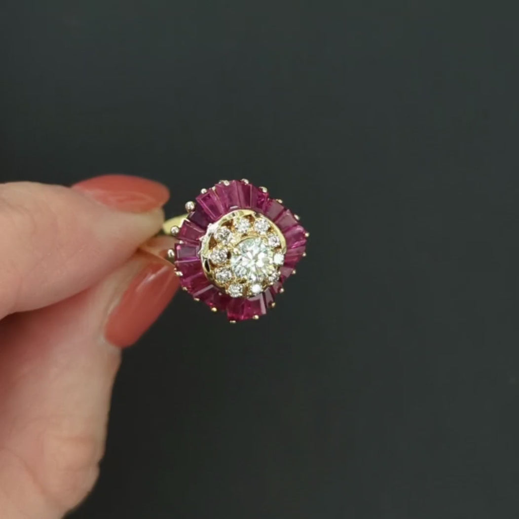 VINTAGE DIAMOND RUBY COCKTAIL RING 14k YELLOW GOLD BALLERINA CLUSTER NATURAL