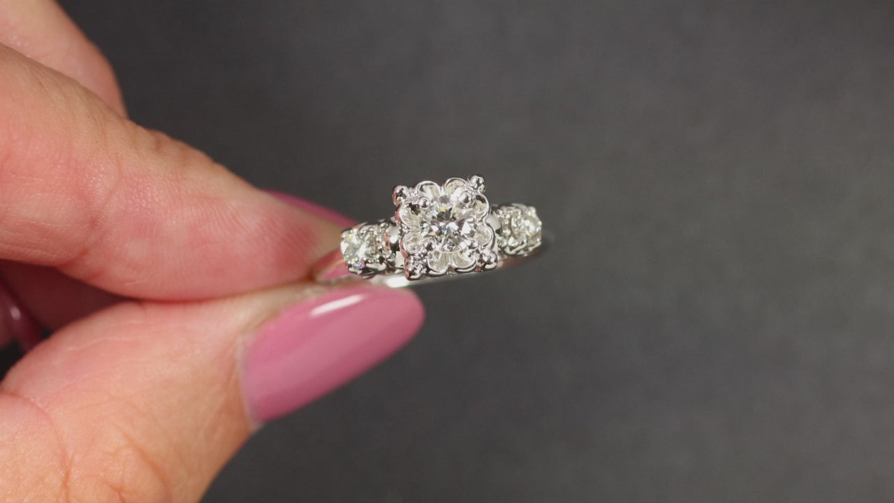 VINTAGE DIAMOND ENGAGEMENT RING G VS 14K WHITE GOLD MID CENTURY ILLUSION ROUND