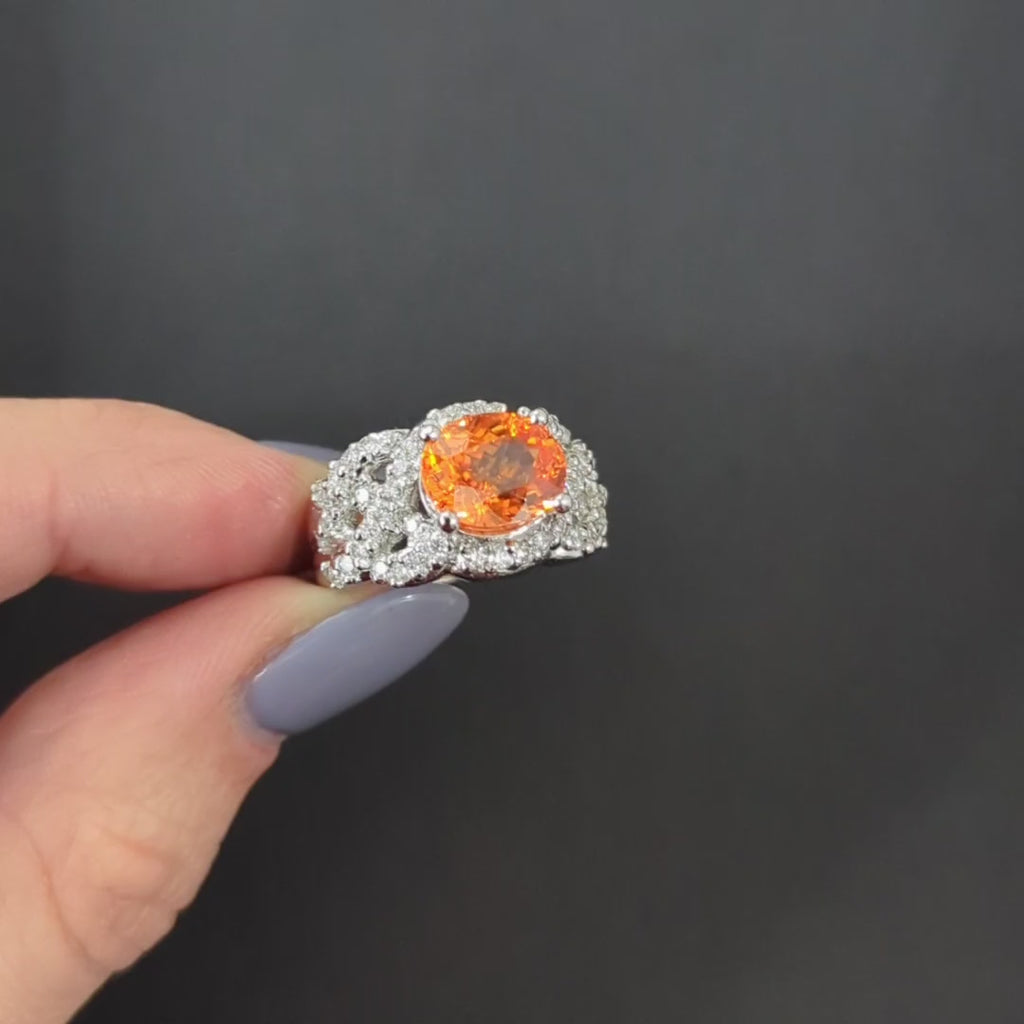 MANDARIN GARNET DIAMOND COCKTAIL RING 18k WHITE GOLD STATEMENT WIDE ORANGE BIG