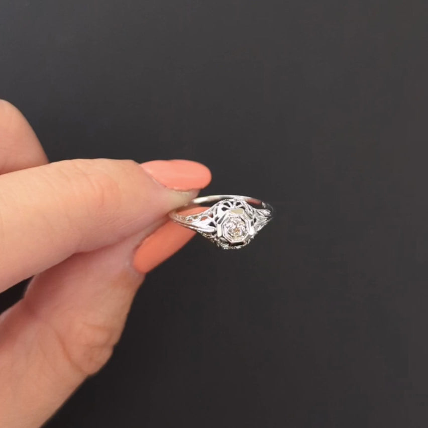 ART DECO DIAMOND RING OLD EUROPEAN CUT I SI2 VINTAGE FILIGREE 18k WHITE GOLD