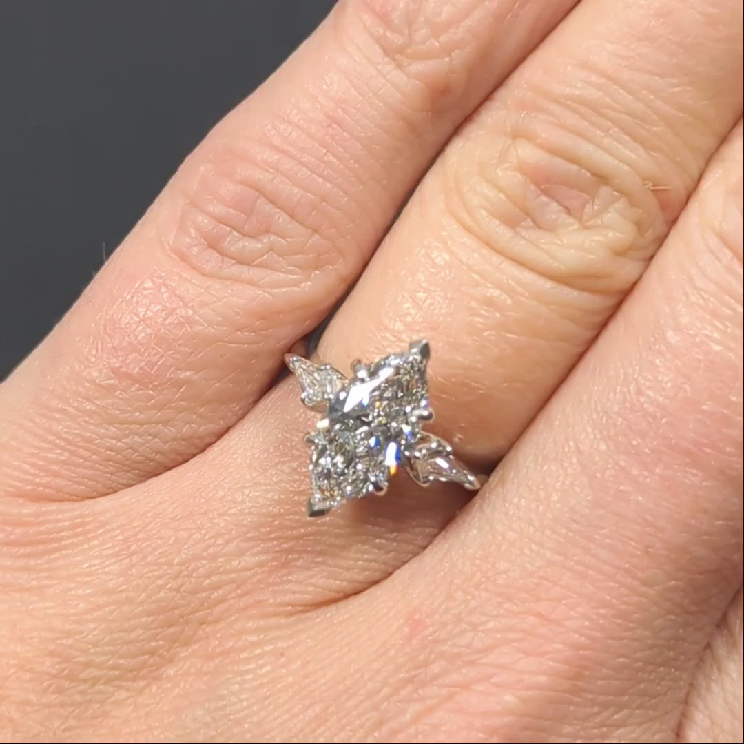 2ct LAB CREATED DIAMOND ENGAGEMENT RING 3 STONE MARQUISE KITE CUT PLATINUM