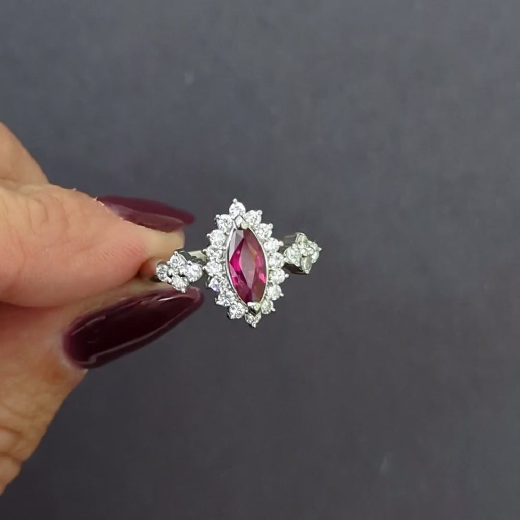 1.37ct MARQUISE RUBY DIAMOND COCKTAIL RING PLATINUM HALO NATURAL CLUSTER RED