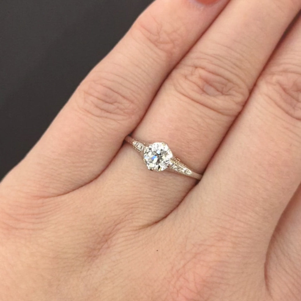 VINTAGE DIAMOND ENGAGEMENT RING 0.89ct G VS1 OLD EUROPEAN CUT PLATINUM FILIGREE