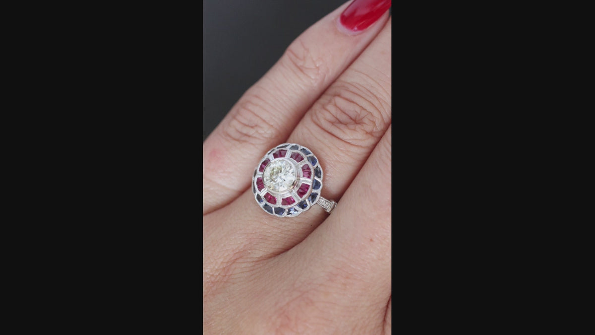 1.25c ROUND DIAMOND RING VINTAGE STYLE RUBY BLUE SAPPHIRE DOUBLE HALO FRENCH CUT