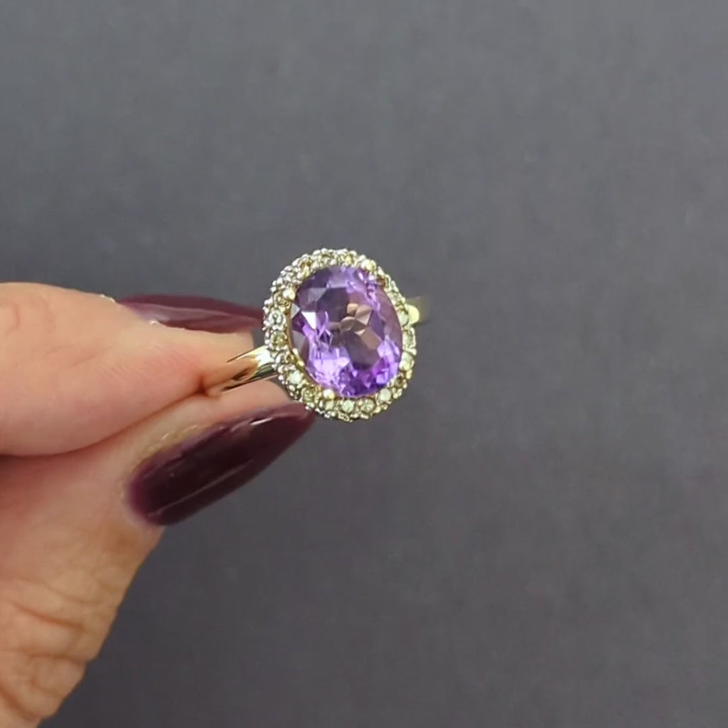 AMETHYST DIAMOND 14k YELLOW GOLD COCKTAIL RING OVAL SHAPE HALO NATURAL PURPLE