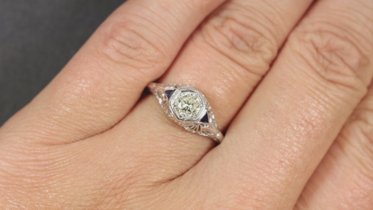 ART DECO DIAMOND ENGAGEMENT RING SAPPHIRE 18k WHITE GOLD FILIGREE ROUND CUT