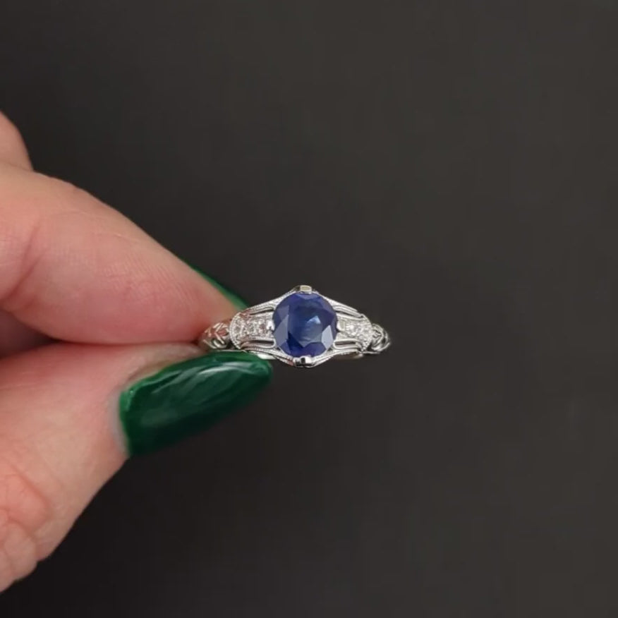 1.17ct VINTAGE STYLE SAPPHIRE DIAMOND COCKTAIL RING 14k WHITE GOLD NATURAL ROUND