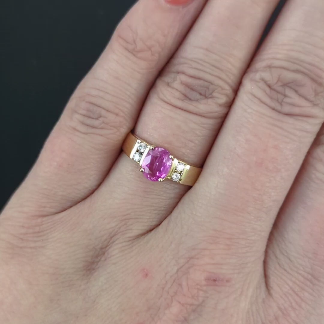 VINTAGE PINK SAPPHIRE DIAMOND COCKTAIL RING 14k YELLOW GOLD OVAL SHAPE WIDE BAND