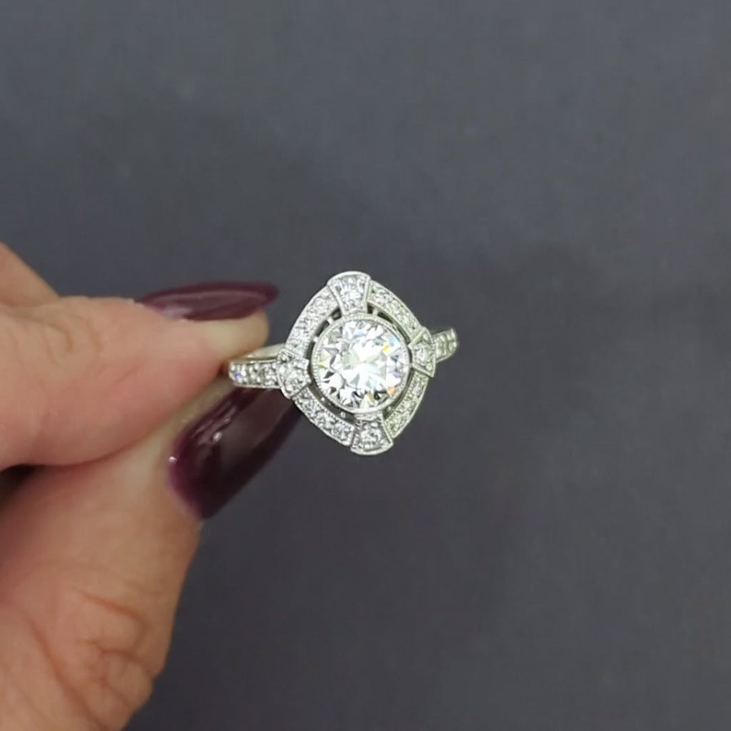 1.5 CARAT GIA CERTIFIED DIAMOND COCKTAIL RING VINTAGE STYLE HALO 14k WHITE GOLD