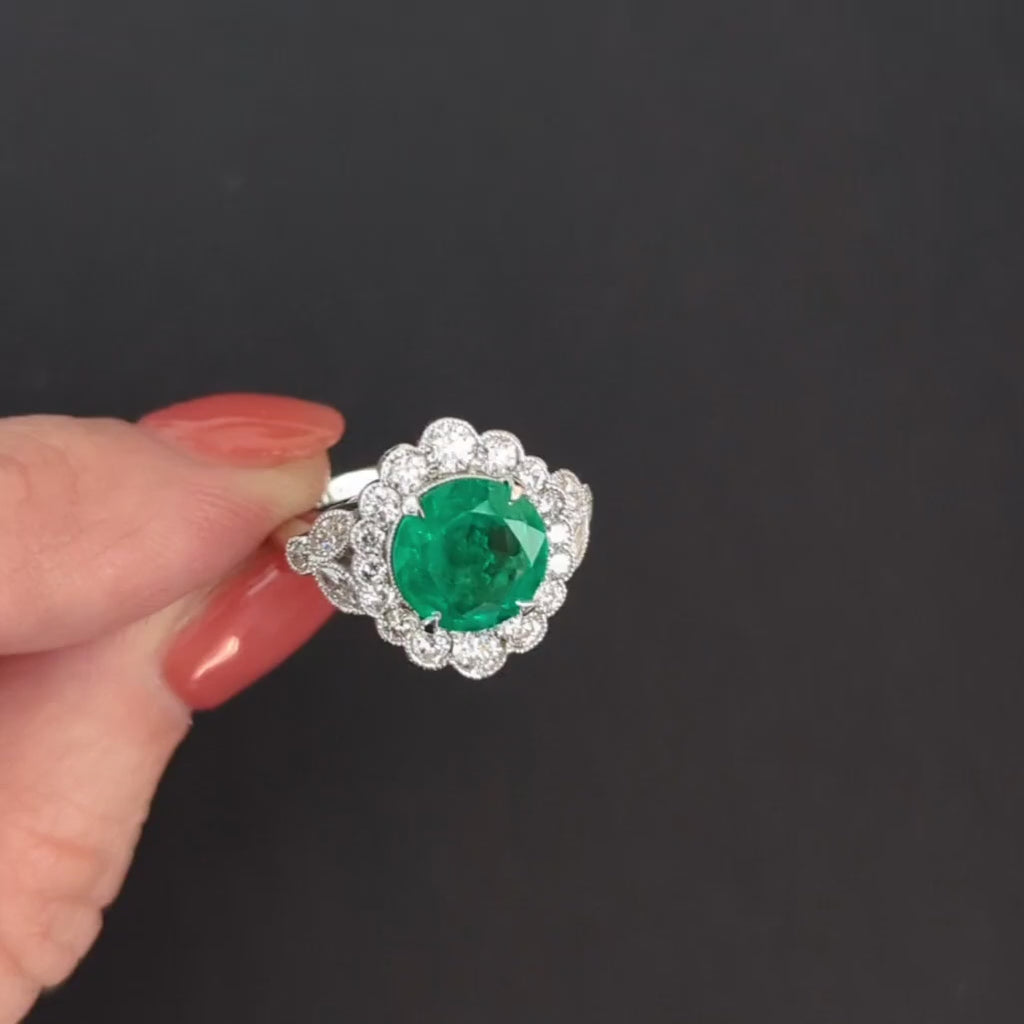 3.41ct EMERALD DIAMOND COCKTAIL RING VINTAGE STYLE SCALLOPED HALO 14k WHITE GOLD