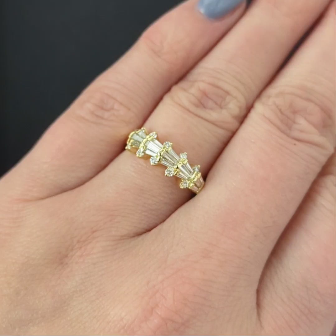 0.93ct DIAMOND COCKTAIL BAND G-H VS 18k YELLOW GOLD RING NATURAL BAGUETTE ROUND