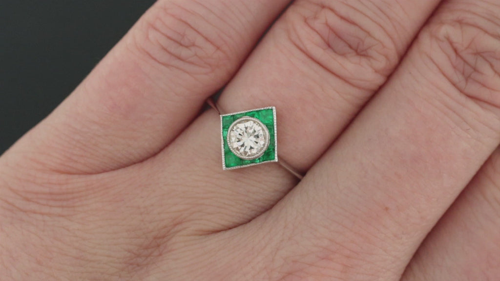 OLD CUT DIAMOND EMERALD RING TARGET GEOMETRIC COCKTAIL 14k WHITE GOLD NATURAL