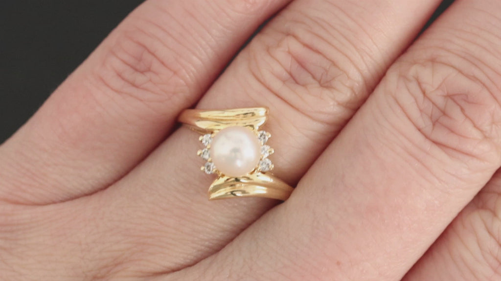 PEARL DIAMOND COCKTAIL RING 14k YELLOW GOLD ESTATE NATURAL BYPASS ANNIVERSARY