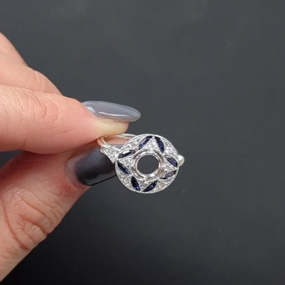 SAPPHIRE DIAMOND RING SETTING ART DECO VINTAGE STYLE HALO WHITE GOLD 6.5mm ROUND