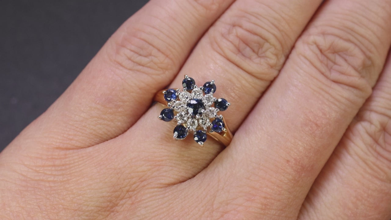 1.32ct SAPPHIRE DIAMOND COCKTAIL RING BALLERINA 14k YELLOW GOLD NATURAL BLUE