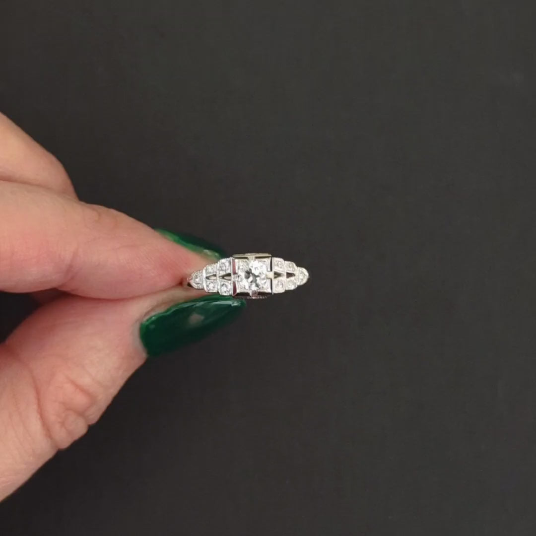 ART DECO DIAMOND ENGAGEMENT RING 18k WHITE GOLD OLD EUROPEAN CUT VINTAGE ESTATE