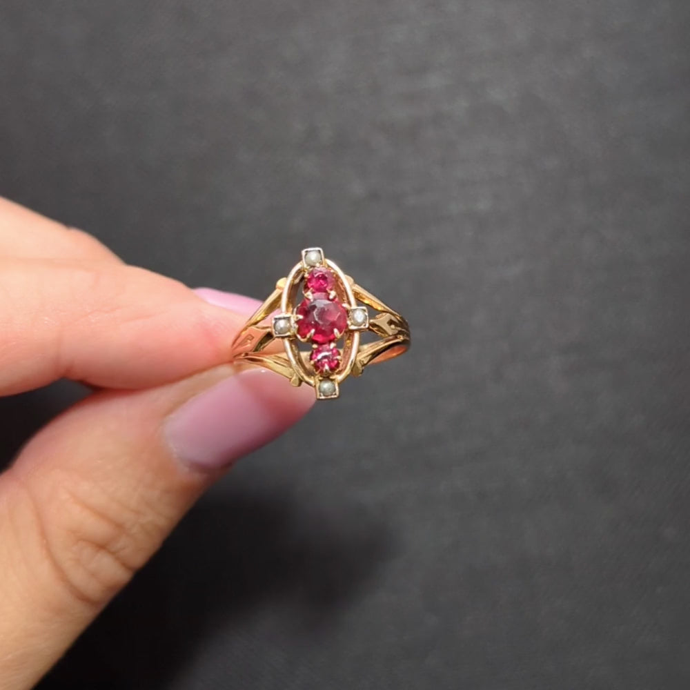 VICTORIAN RUBY SEED PEARL RING 14k YELLOW GOLD COCKTAIL ANTIQUE NAVETTE ESTATE