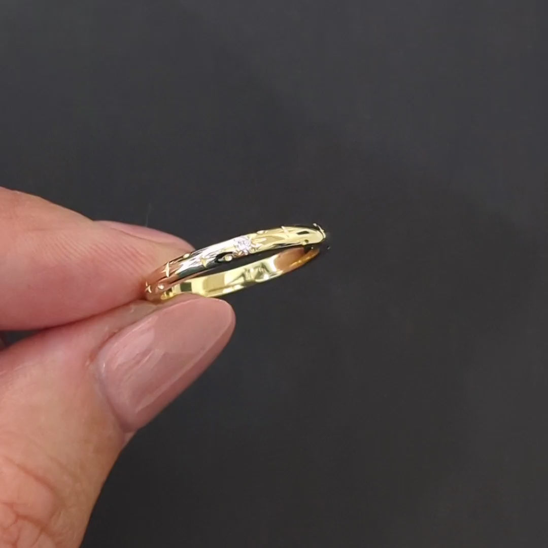 VINTAGE STYLE DIAMOND WEDDING BAND STACKING RING STARBURST 10k YELLOW GOLD 2.2mm