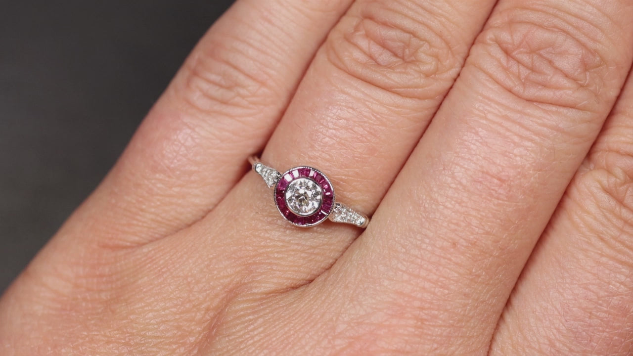OLD EUROPEAN CUT DIAMOND ENGAGEMENT RING RUBY VINTAGE STYLE TARGET ART DECO