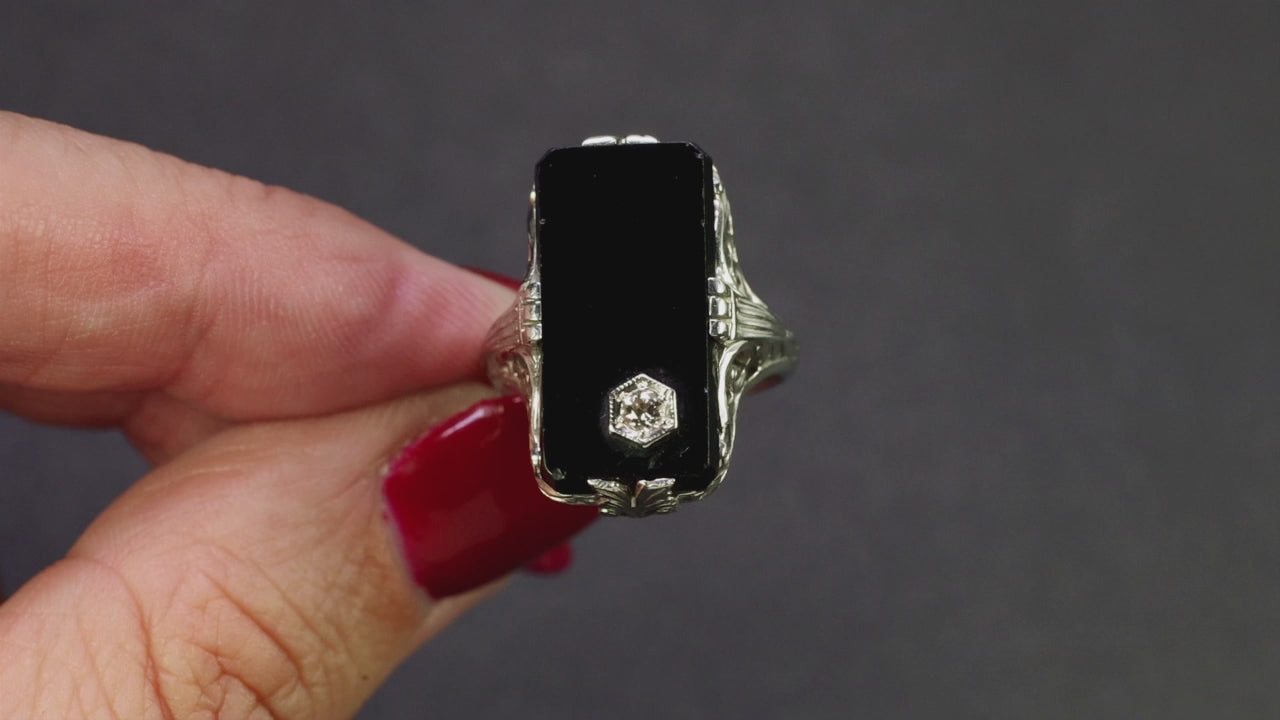 VINTAGE DIAMOND BLACK ONYX RING 14k WHITE GOLD FILIGREE NAVETTE ART DECO OLD CUT