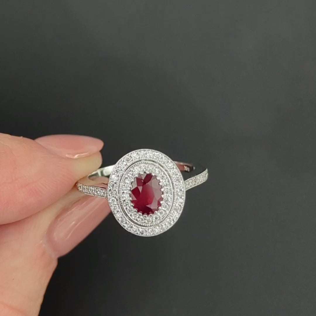 RUBY DIAMOND COCKTAIL RING VINTAGE STYLE DOUBLE HALO 14k WHITE GOLD NATURAL OVAL