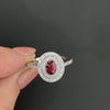 RUBY DIAMOND COCKTAIL RING VINTAGE STYLE DOUBLE HALO 14k WHITE GOLD NATURAL OVAL