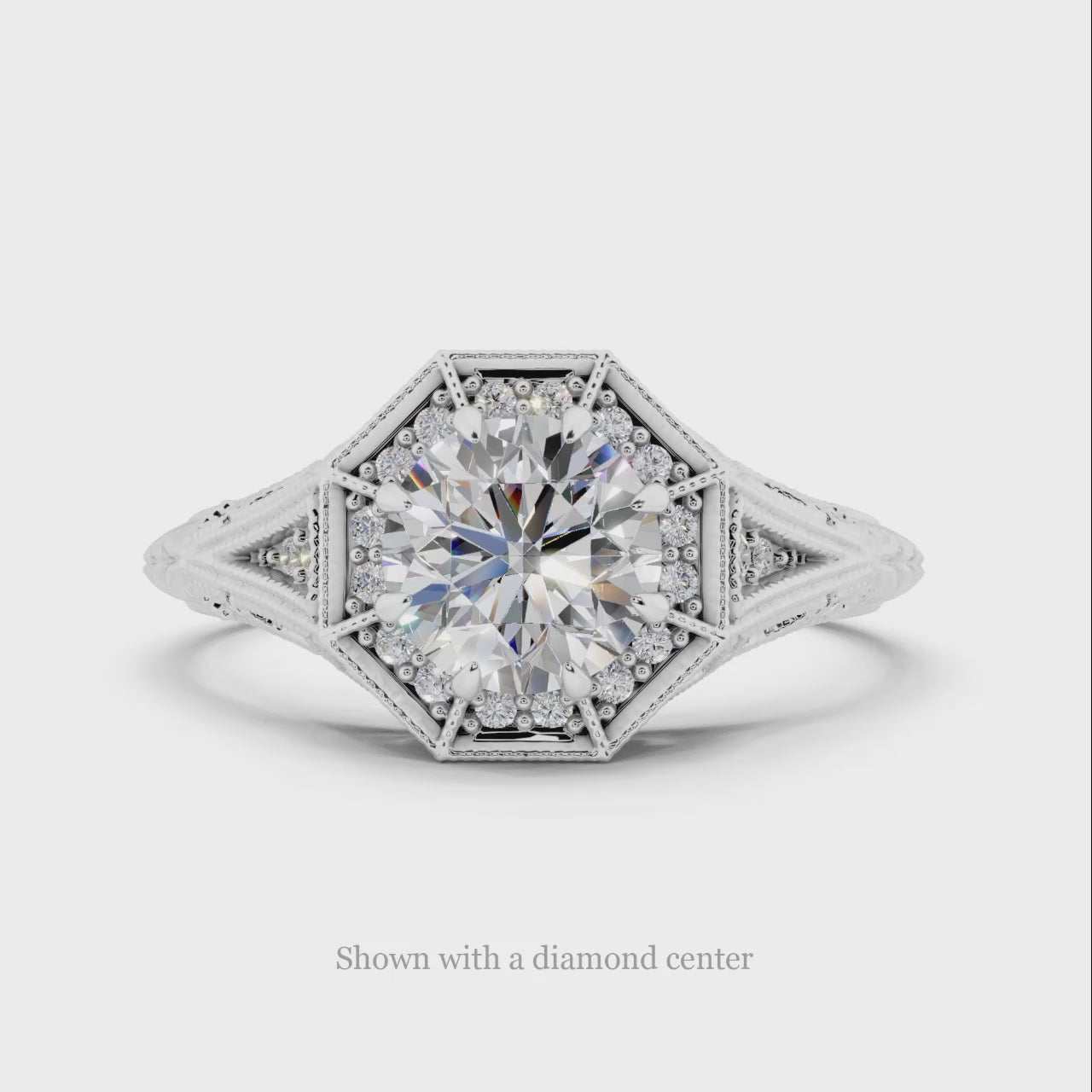ART DECO DIAMOND ROUND SEMI MOUNT ENGAGEMENT RING VINTAGE STYLE HALO FILIGREE 14