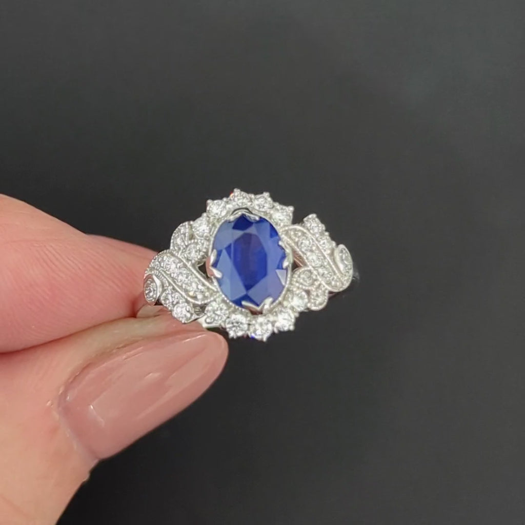 1.07ctw SAPPHIRE DIAMOND VINTAGE STYLE RING OVAL CUT COCKTAIL ENGAGEMENT NATURAL