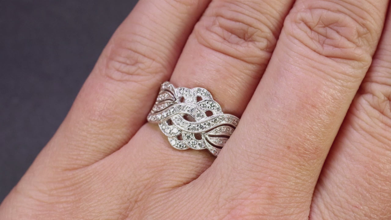 NATURAL DIAMOND COCKTAIL RING WIDE BAND 14k WHITE GOLD PAVE RIBBON MILGRAIN