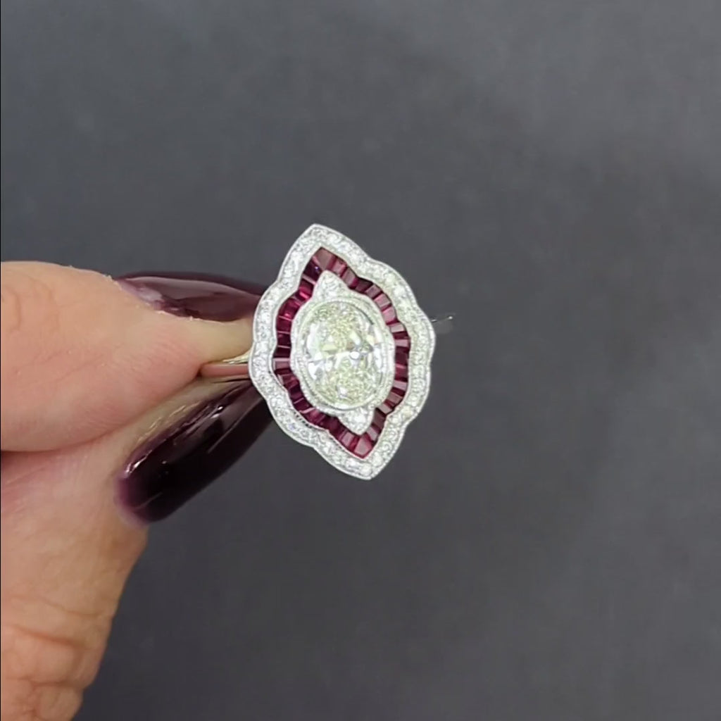 1 CARAT DIAMOND RUBY COCKTAIL RING GIA CERTIFIED H SI2 VINTAGE STYLE HALO OVAL