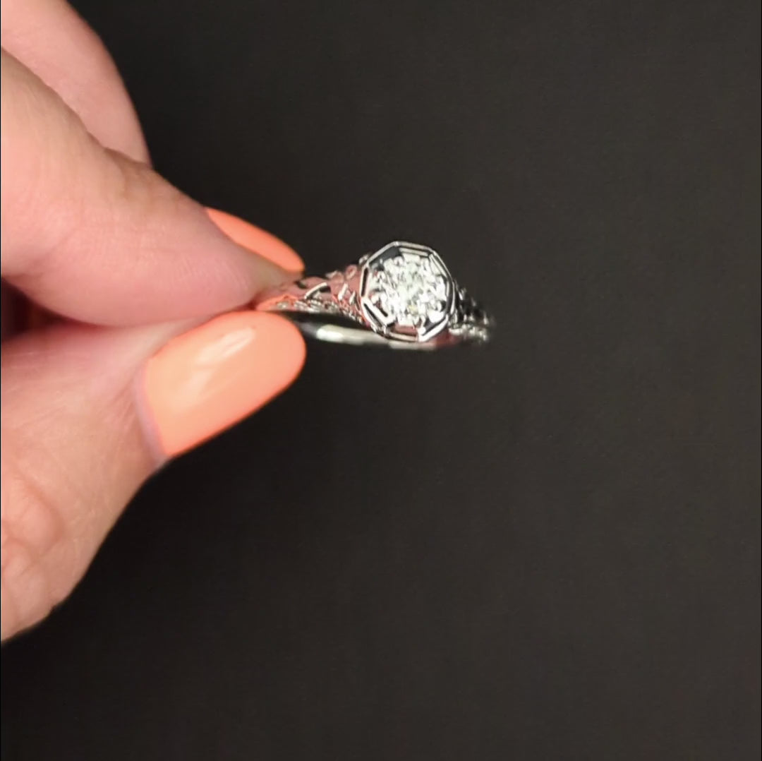 ART DECO VINTAGE DIAMOND ENGAGEMENT RING OLD EUROPEAN CUT 18k WHITE GOLD 1920s