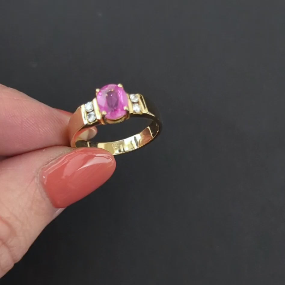 VINTAGE PINK SAPPHIRE DIAMOND COCKTAIL RING 14k YELLOW GOLD OVAL SHAPE WIDE BAND