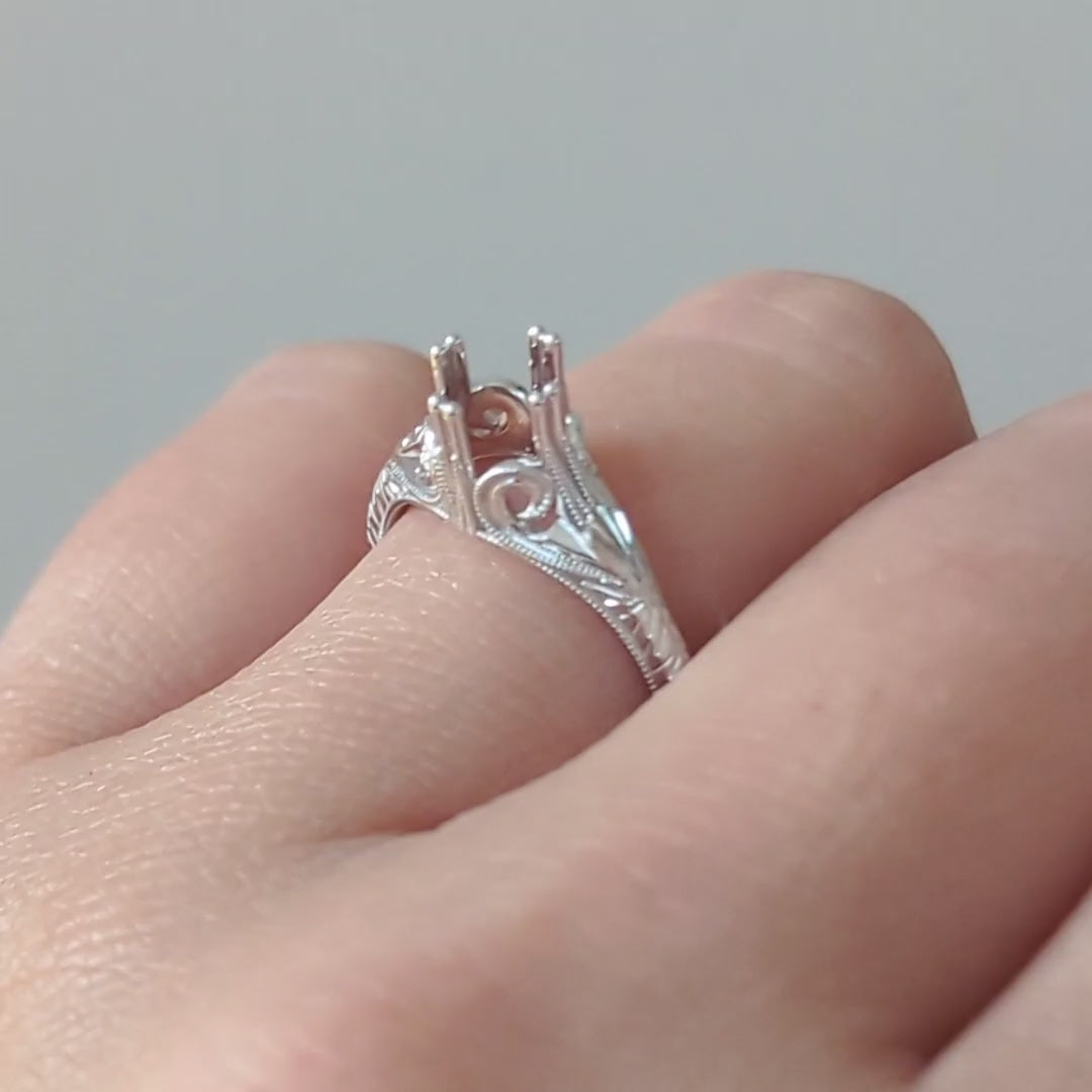 VINTAGE STYLE 14K WHITE GOLD RING SETTING ART DECO STYLE SOLITAIRE ENGAGEMENT