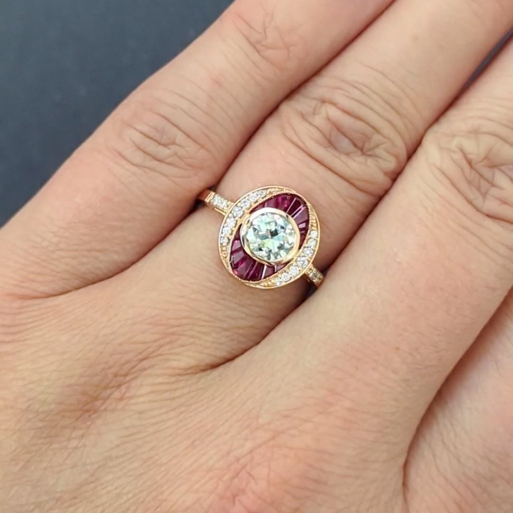 1.59ct OLD EUROPEAN CUT DIAMOND RUBY COCKTAIL RING 14k ROSE GOLD VINTAGE STYLE