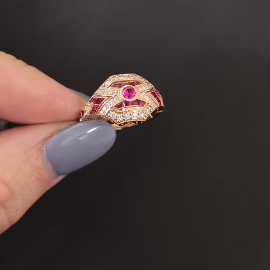 RUBY DIAMOND ART DECO STYLE RING 14k ROSE GOLD NATURAL VINTAGE COCKTAIL RED