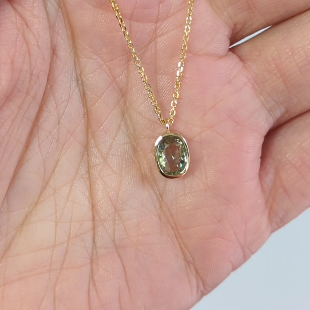GREEN SAPPHIRE PENDANT NECKLACE LONG CUSHION BEZEL 14K YELLOW GOLD NATURAL 1ct