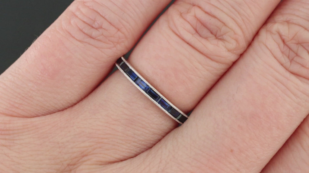 NATURAL SAPPHIRE HALF ETERNITY BAND 14k WHITE GOLD RING VINTAGE STYLE CHANNEL