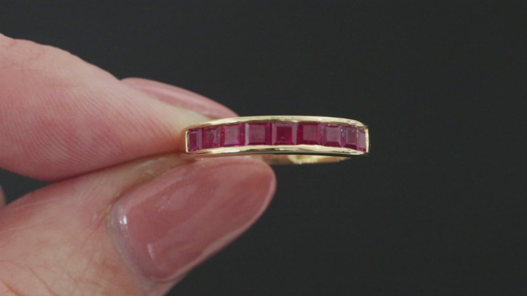 NATURAL RUBY STACKING RING 14k YELLOW GOLD WEDDING BAND SQUARE SLEEK CHANNEL SET