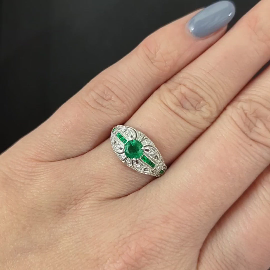 VINTAGE STYLE EMERALD DIAMOND COCKTAIL RING 14k WHITE GOLD ART DECO DOME NATURAL