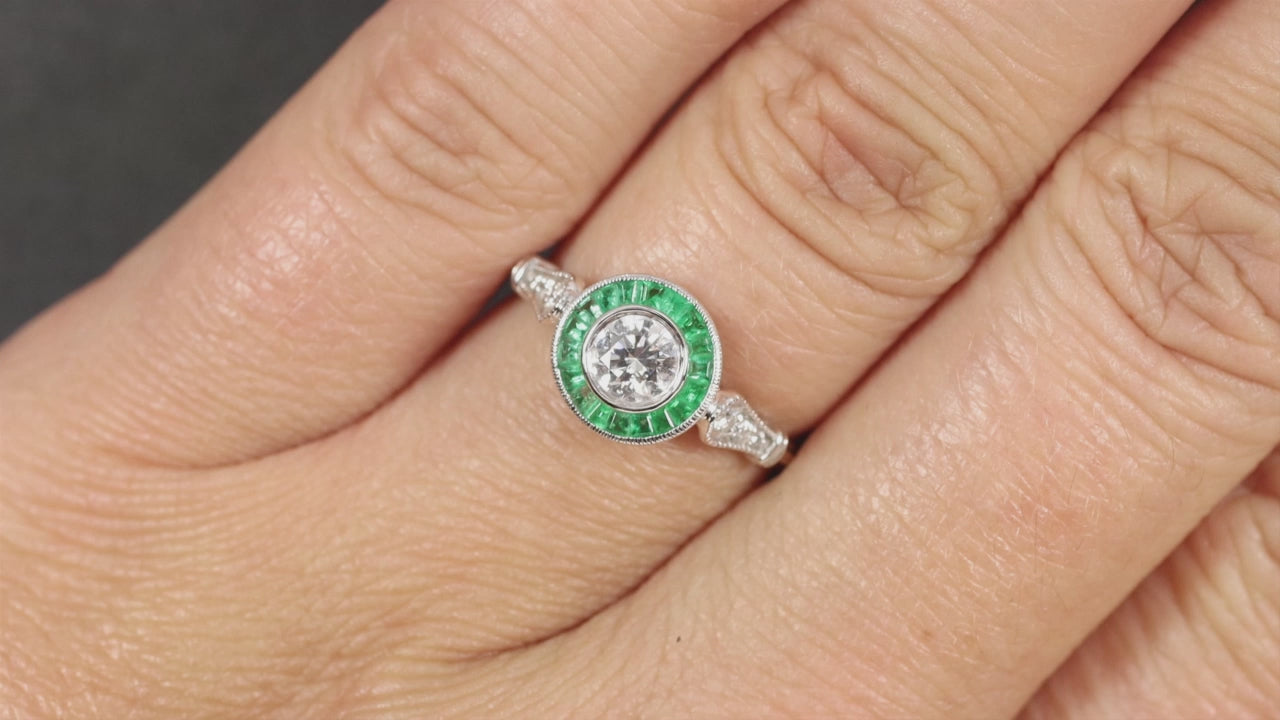 DIAMOND EMERALD HALO ENGAGEMENT RING E SI1 VINTAGE STYLE ART DECO TARGET ROUND
