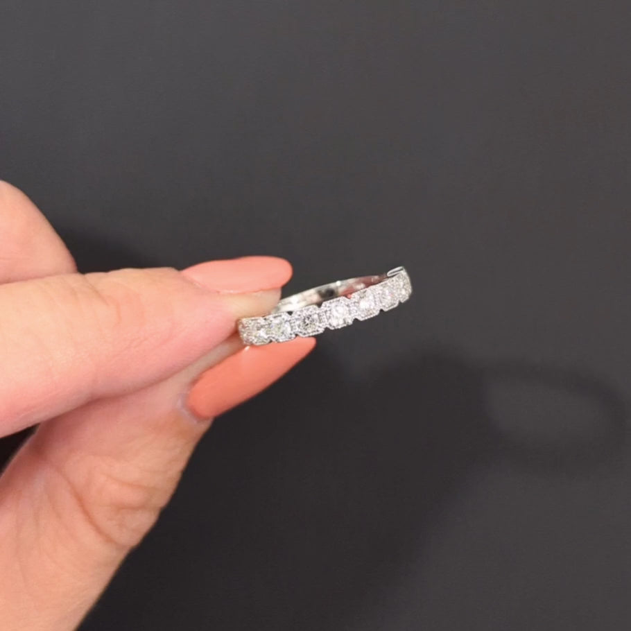 VINTAGE STYLE DIAMOND WEDDING BAND STACKING RING 14k WHITE GOLD MILGRAIN 0.64ct
