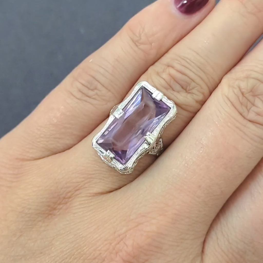 VINTAGE AMETHYST FILIGREE RING 14K WHITE GOLD SOLITAIRE ART DECO ESTATE PURPLE