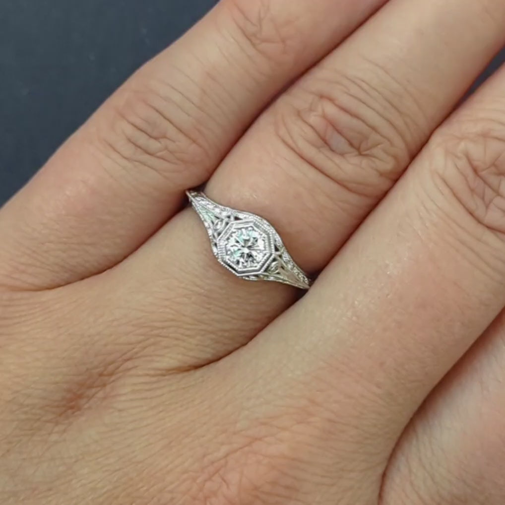 VINTAGE STYLE DIAMOND ENGAGEMENT RING 0.30ct I VS2 14k WHITE GOLD FILIGREE 1/3ct