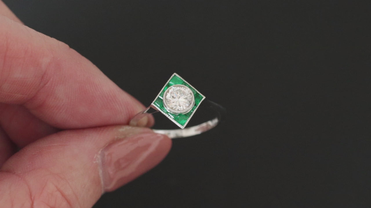 OLD CUT DIAMOND EMERALD RING TARGET GEOMETRIC COCKTAIL 14k WHITE GOLD NATURAL