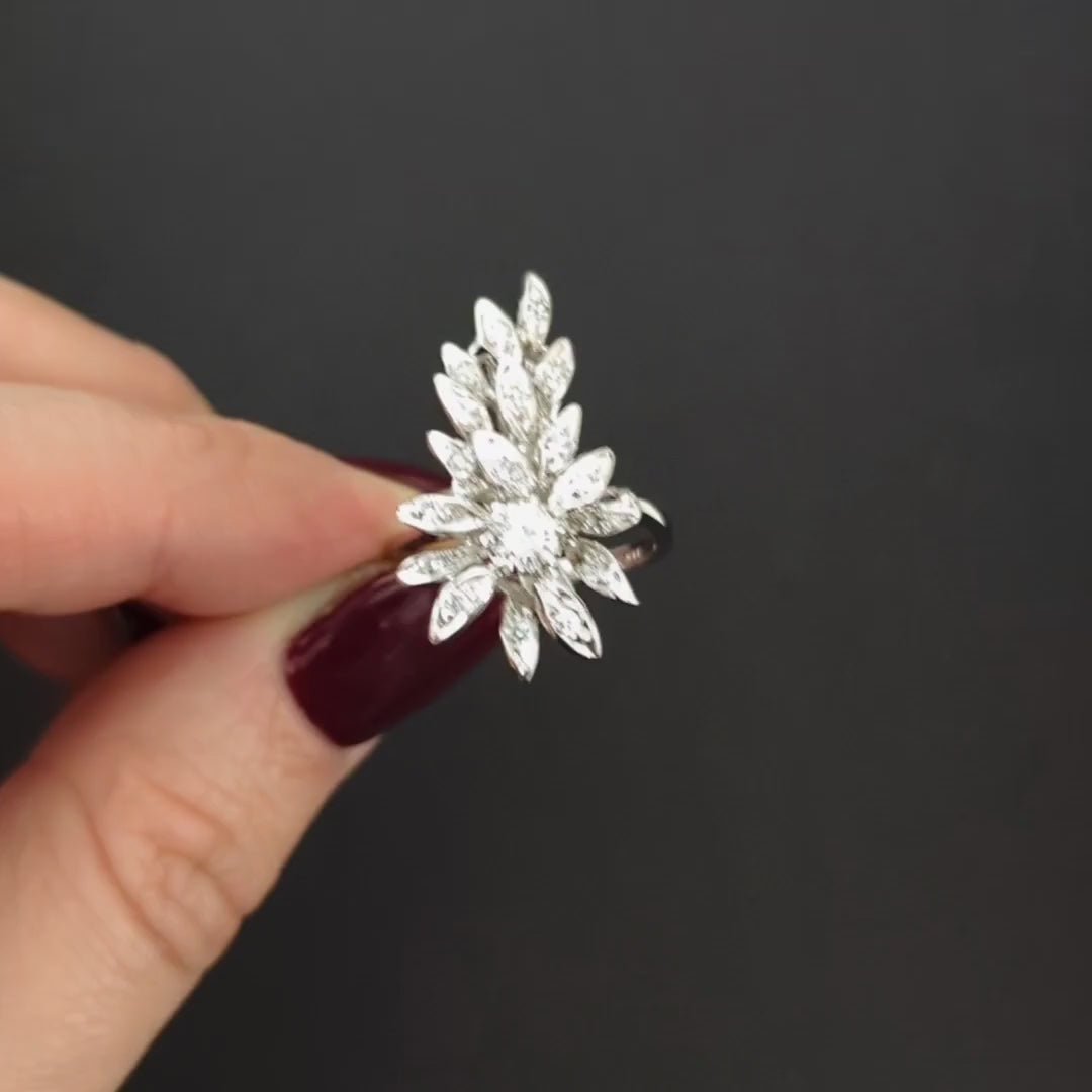 VINTAGE DIAMOND COCKTAIL RING BIG STATEMENT MID CENTURY 14k WHITE GOLD NATURAL