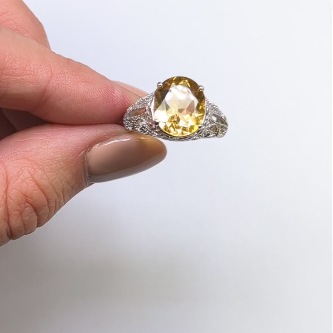 SMOKY QUARTZ VINTAGE STYLE COCKTAIL RING STERLING SILVER FILIGREE ART DECO OVAL