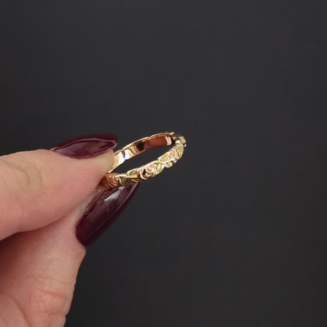 VINTAGE 14k TRI TONE GOLD FLOWER RING ETERNITY BAND YELLOW ROSE GREEN JABEL