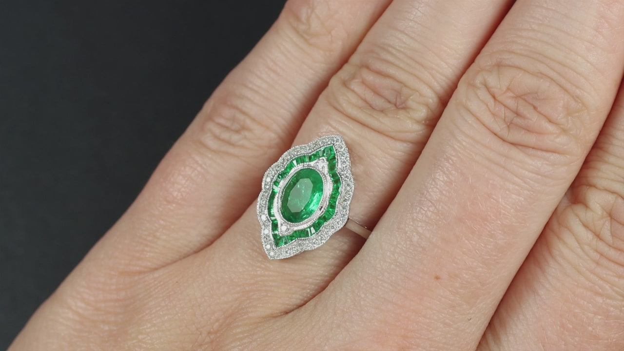 EMERALD DIAMOND COCKTAIL RING VINTAGE STYLE NAVETTE DOUBLE HALO 14k WHITE GOLD